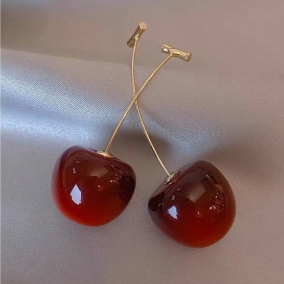 Cherry Red Drop Earrings Gold Women’s Jewelry - Picture 3 of 4